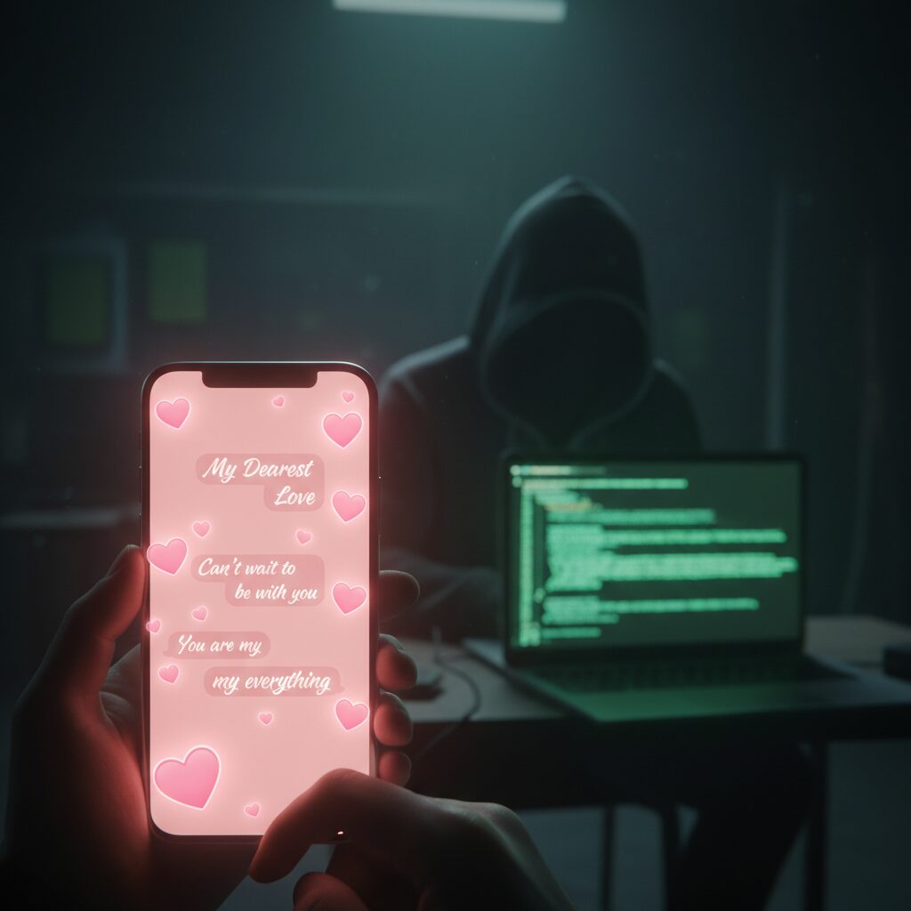A conceptual image of a romance scam showing a glowing heart on a smartphone screen contrasted with a dark, shadowy hacker figure in the background.