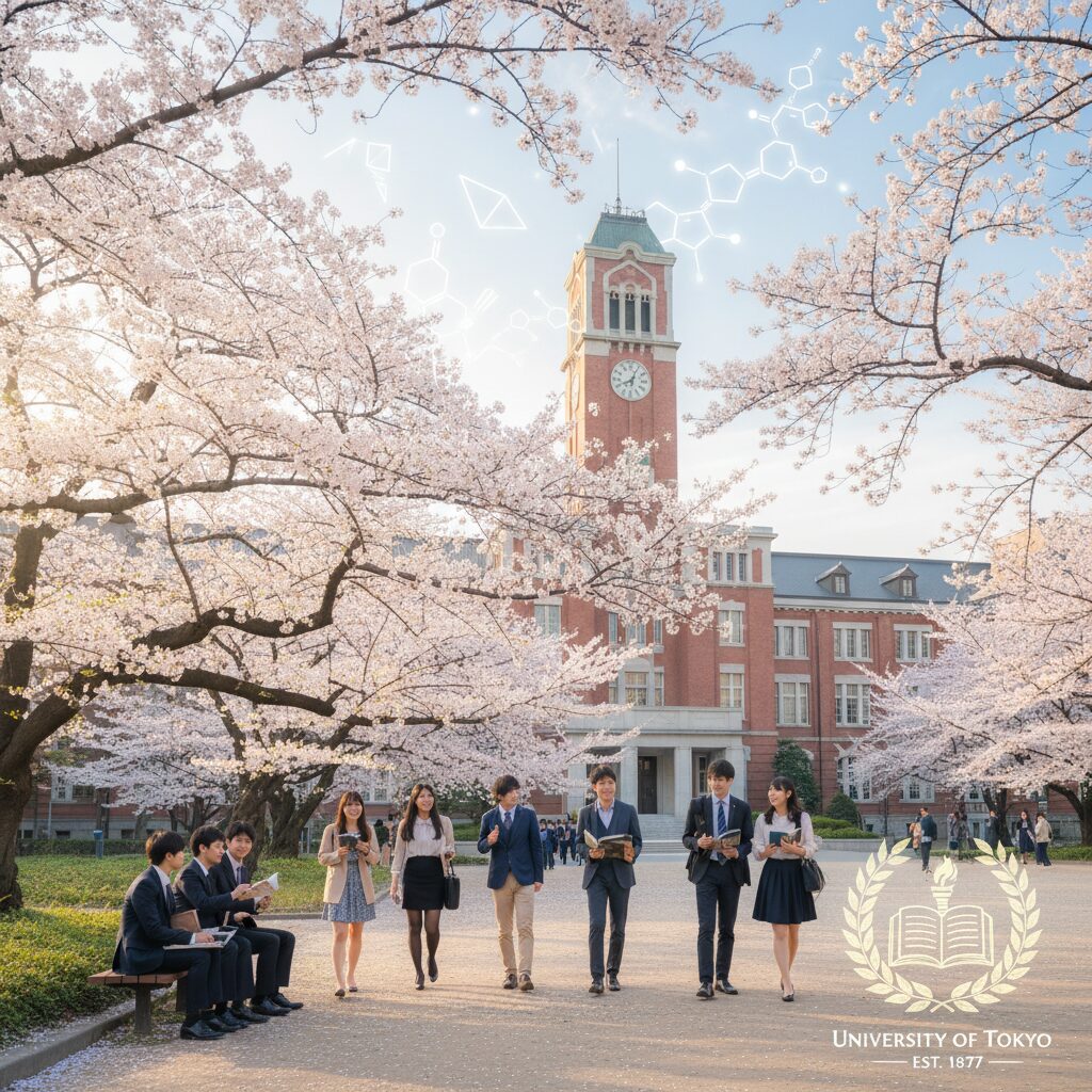 満開の桜が咲き誇る東京大学安田講堂の風景。希望と伝統が感じられるアカデミックな雰囲気。
