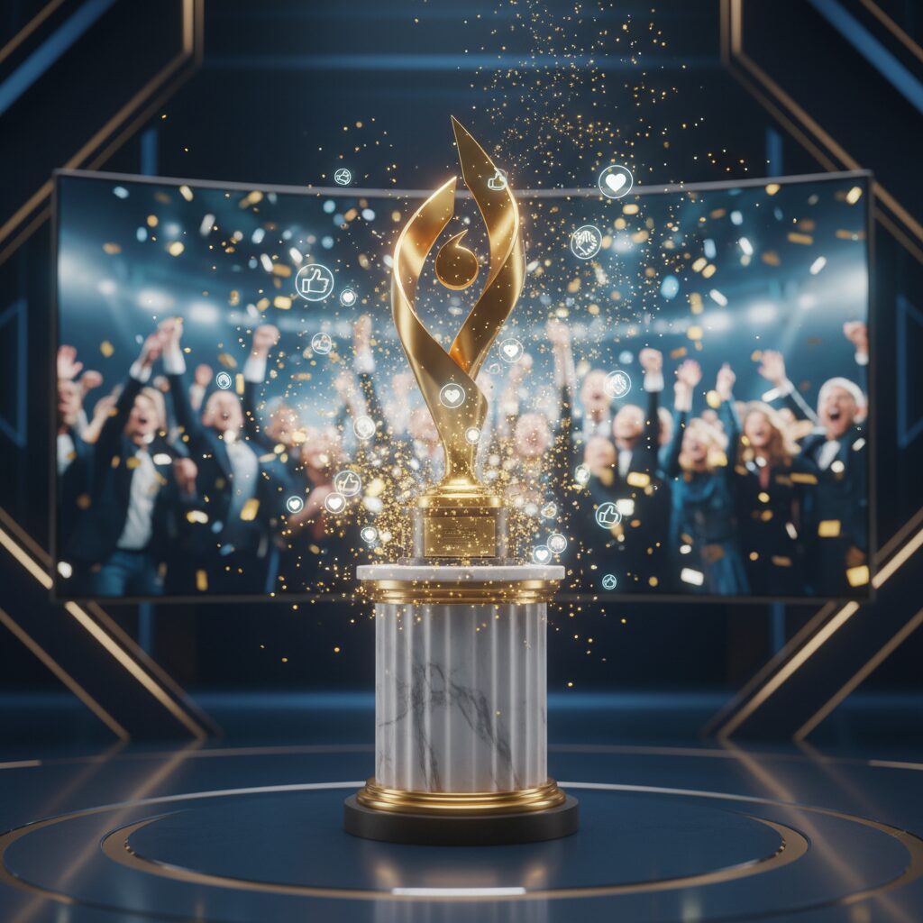 第126回ドラマアカデミー賞の授賞式をイメージした、黄金のトロフィーとSNSのアイコンが舞う華やかな背景。