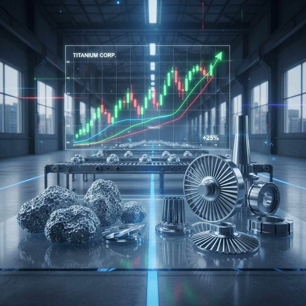 東邦チタニウムの金属光沢と上昇する株価チャートを背景にしたイメージ画像