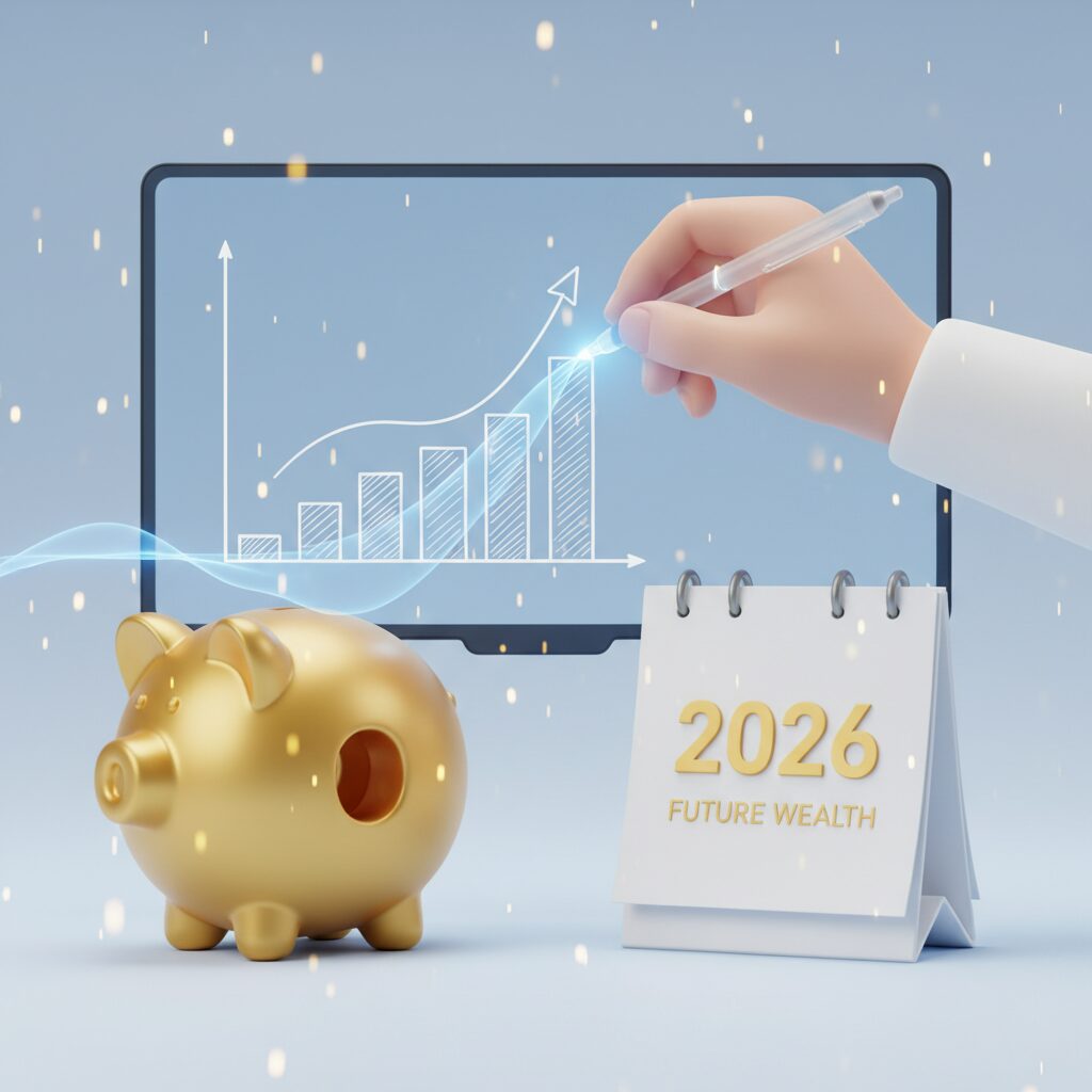 2026年度の年金改定と老後資金の積み立てをイメージした、貯金箱とカレンダーのイラスト