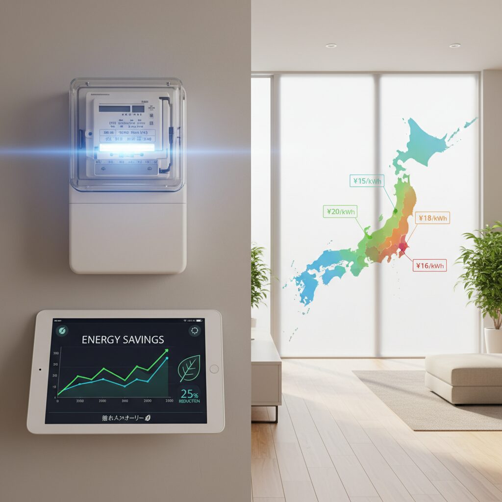 日本地図と電気料金のグラフ、節約をイメージさせる家計管理のイメージ画像