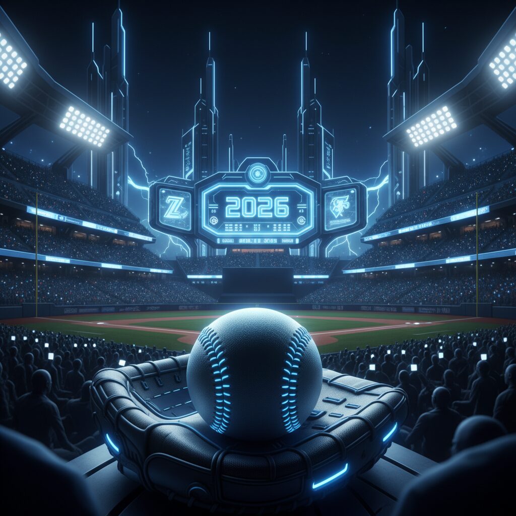 WBC2026の開催を象徴するライトアップされたスタジアムと野球ボールのビジュアル