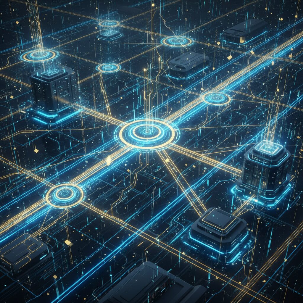 A futuristic digital power grid and data center glowing with blue light, representing energy demand and stock growth.