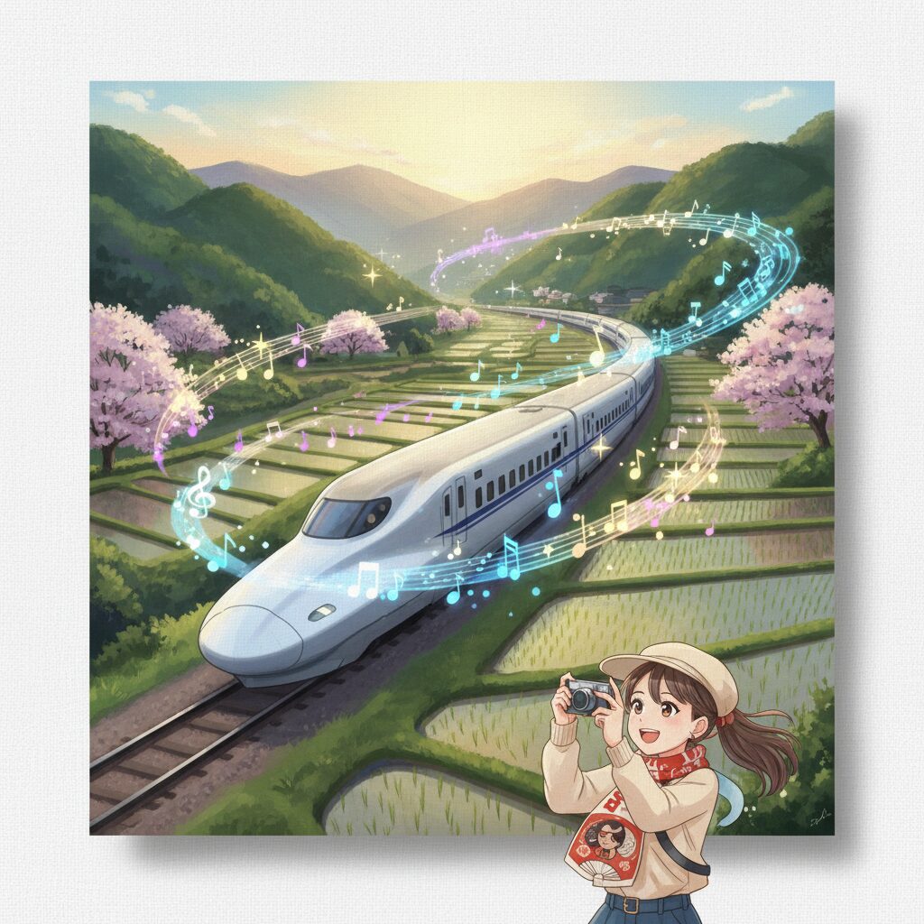 東海道新幹線の車両と輝く音符やアニメのきらめきが融合したイメージ画像。推し旅のワクワク感を表現している。