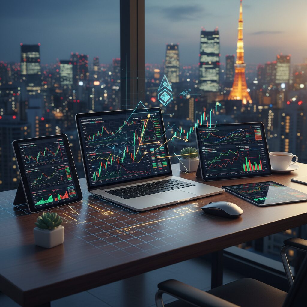 A professional business desk with multiple monitors displaying stock charts and logos of major Japanese securities companies, representing financial stability and choice.