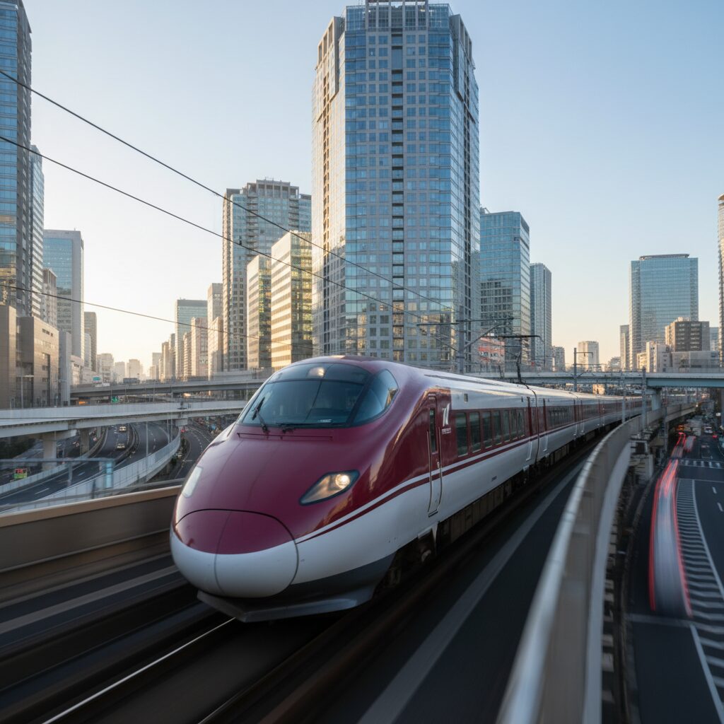 都会の風景を颯爽と走る成田エクスプレスの車両