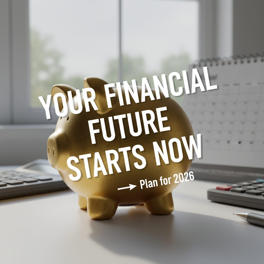 2026年度の国民年金増額と老後の資産形成をイメージした貯金箱とカレンダーのビジュアル