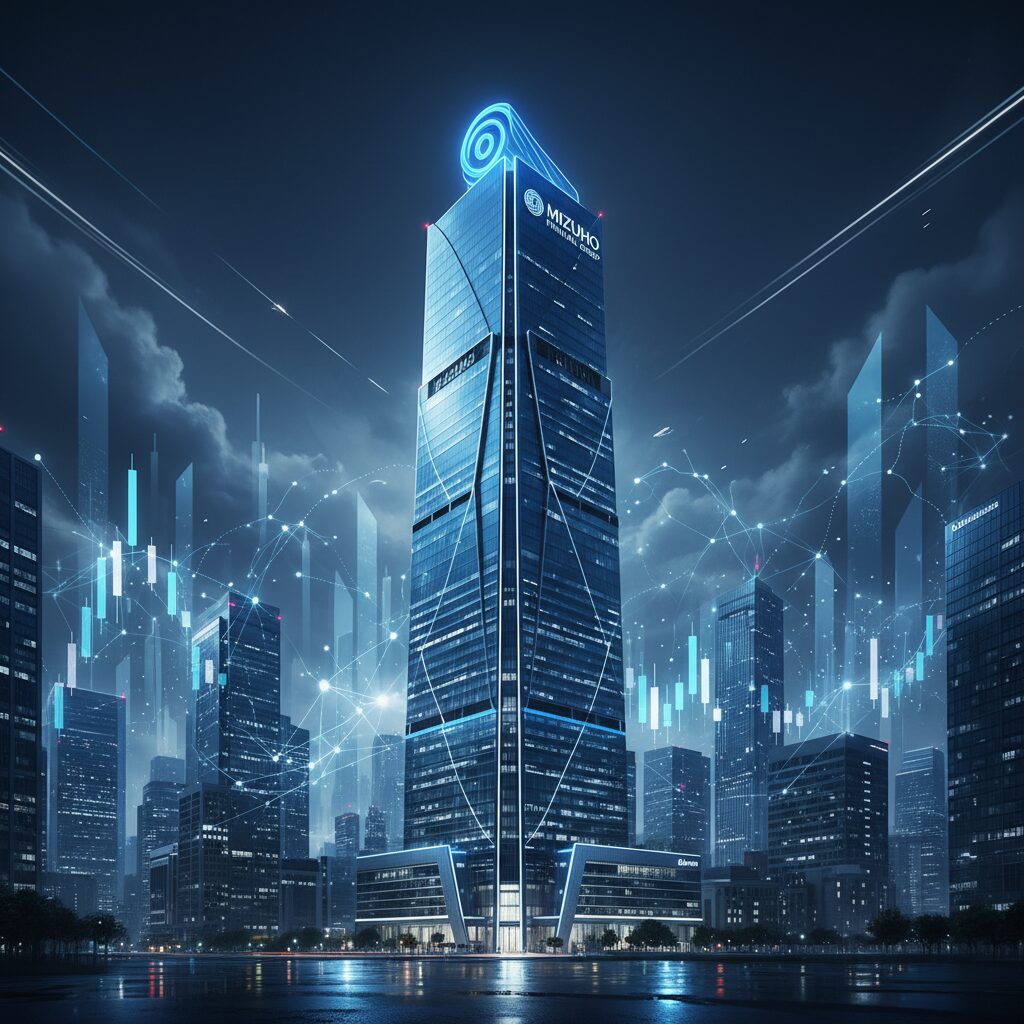 A modern financial building of Mizuho Financial Group with high-tech digital stock market charts and AI circuitry overlays symbolizing future growth.