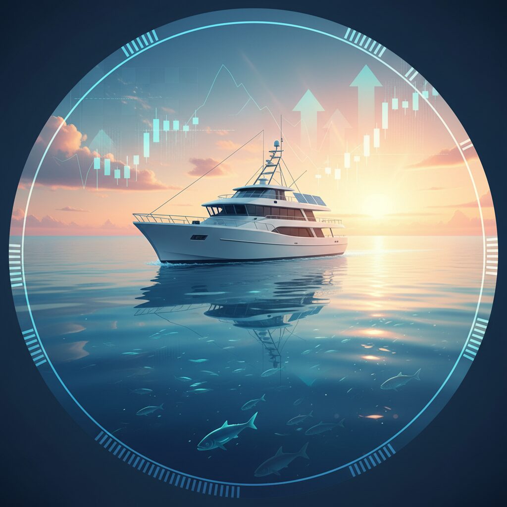 マルハニチロの株価チャートと海を背景にしたブランドイメージ画像