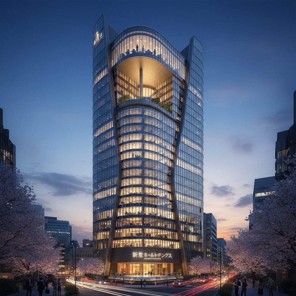 東京の夜景にそびえ立つ三井不動産のオフィスビルをイメージした高級感のある画像