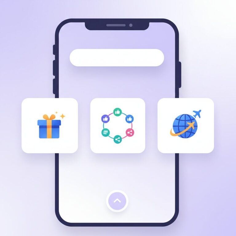 povo2.0の多様なデータトッピングを象徴する、スマートフォンと色鮮やかなアプリアイコンのイラスト