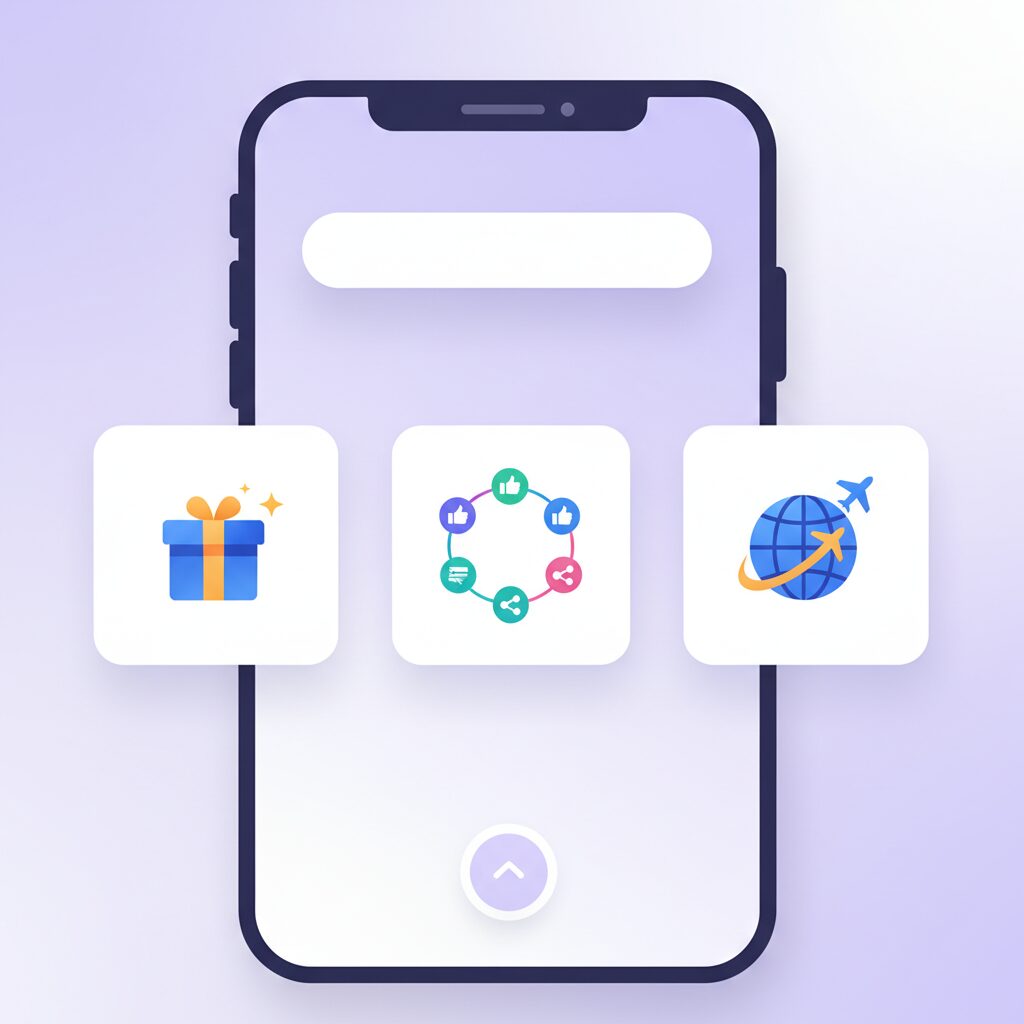 povo2.0の多様なデータトッピングを象徴する、スマートフォンと色鮮やかなアプリアイコンのイラスト
