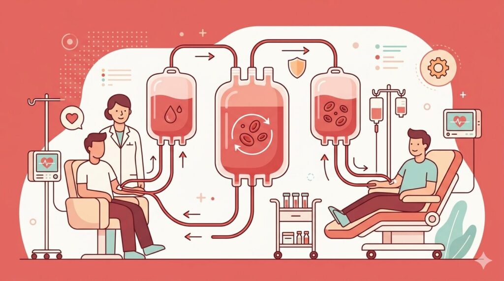 自己血輸血のしくみを説明する医療イラスト
