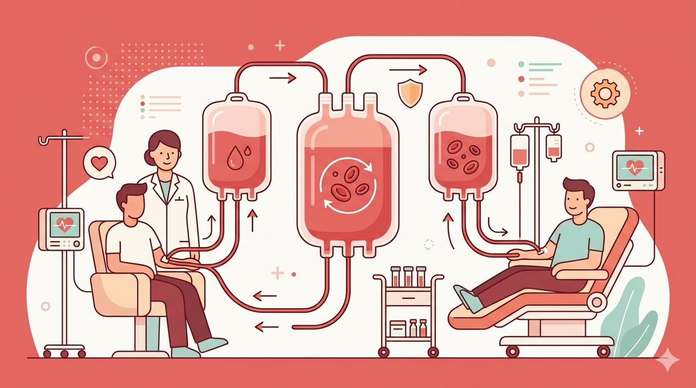 自己血輸血のしくみを説明する医療イラスト