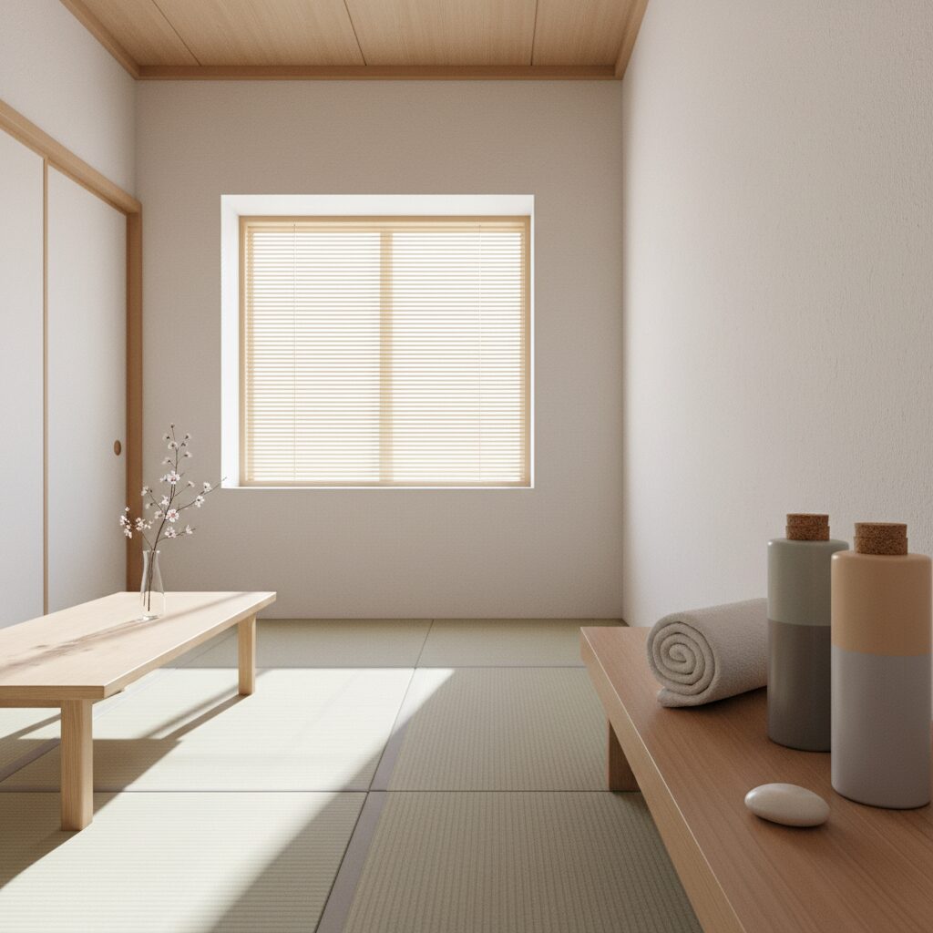 自然な光が差し込む窓際で、透明感のあるスキンケアボトルと清潔感のあるタオルが置かれた癒やしの空間