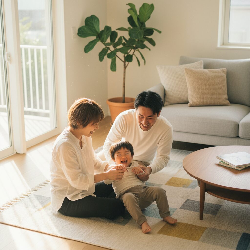 山崎夕貴アナウンサーとおばたのお兄さん、そして笑顔の長男が明るいリビングで過ごす幸せな家族のイメージ