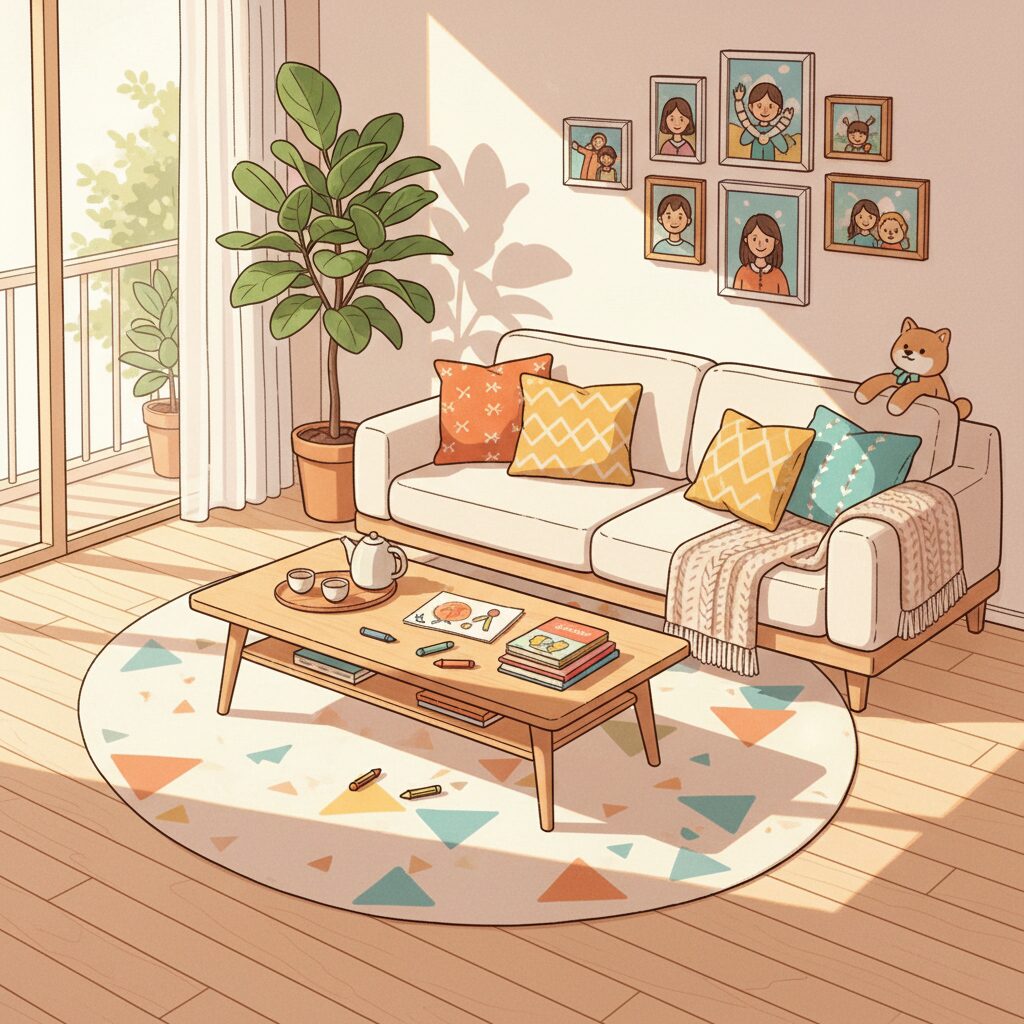 幸せそうな家族の時間をイメージした明るいリビングのイラスト