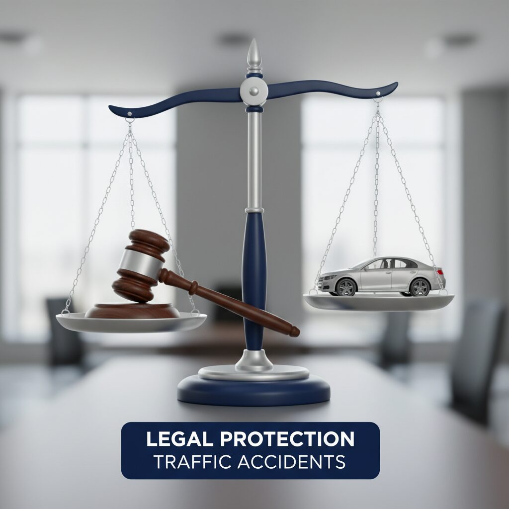 弁護士特約の重要性を象徴する、天秤と裁判用ガベル、そして小さなミニカーの3Dイラスト。交通事故の法的保護をイメージした清潔感のある青と白のデザイン。