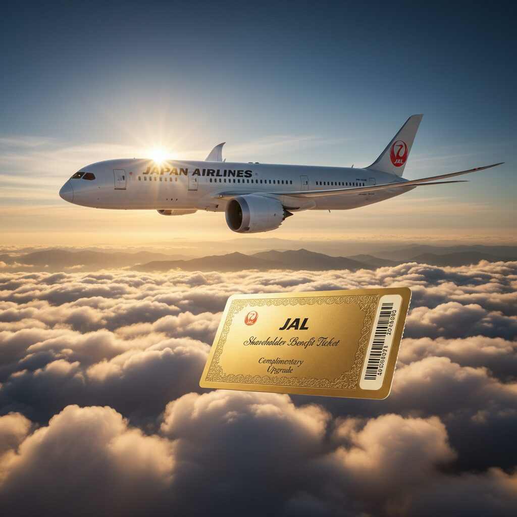JALの航空機が青空を飛行し、金色の株主優待券が浮かんでいるイメージ画像