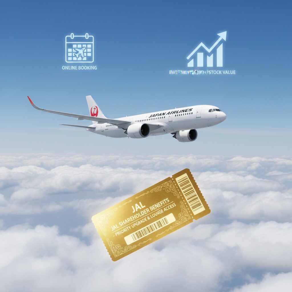 青空を飛ぶ日本航空JALの機体と輝く金色の優待チケットのイメージ画像