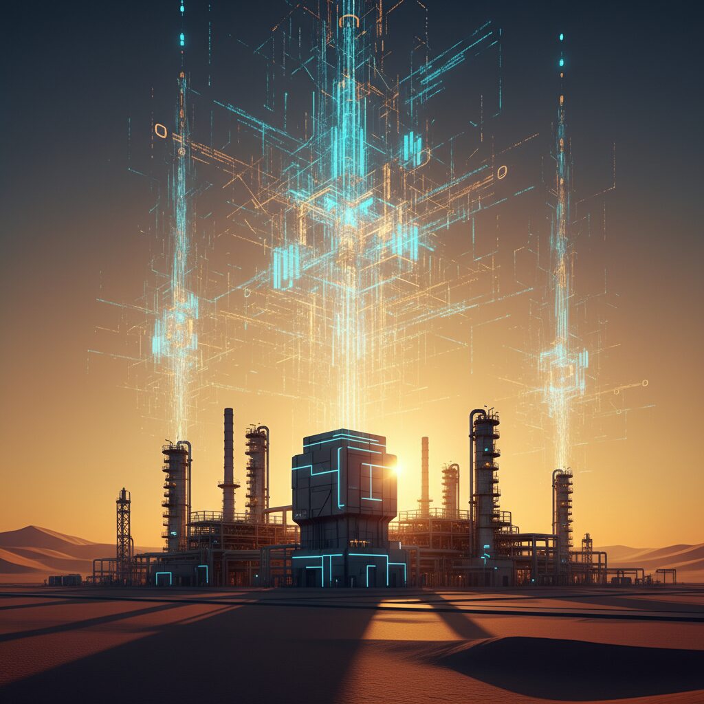 砂漠の中に広がる未来的なハイテク施設とデジタルデータの光が融合したサウジアラムコのイメージ図