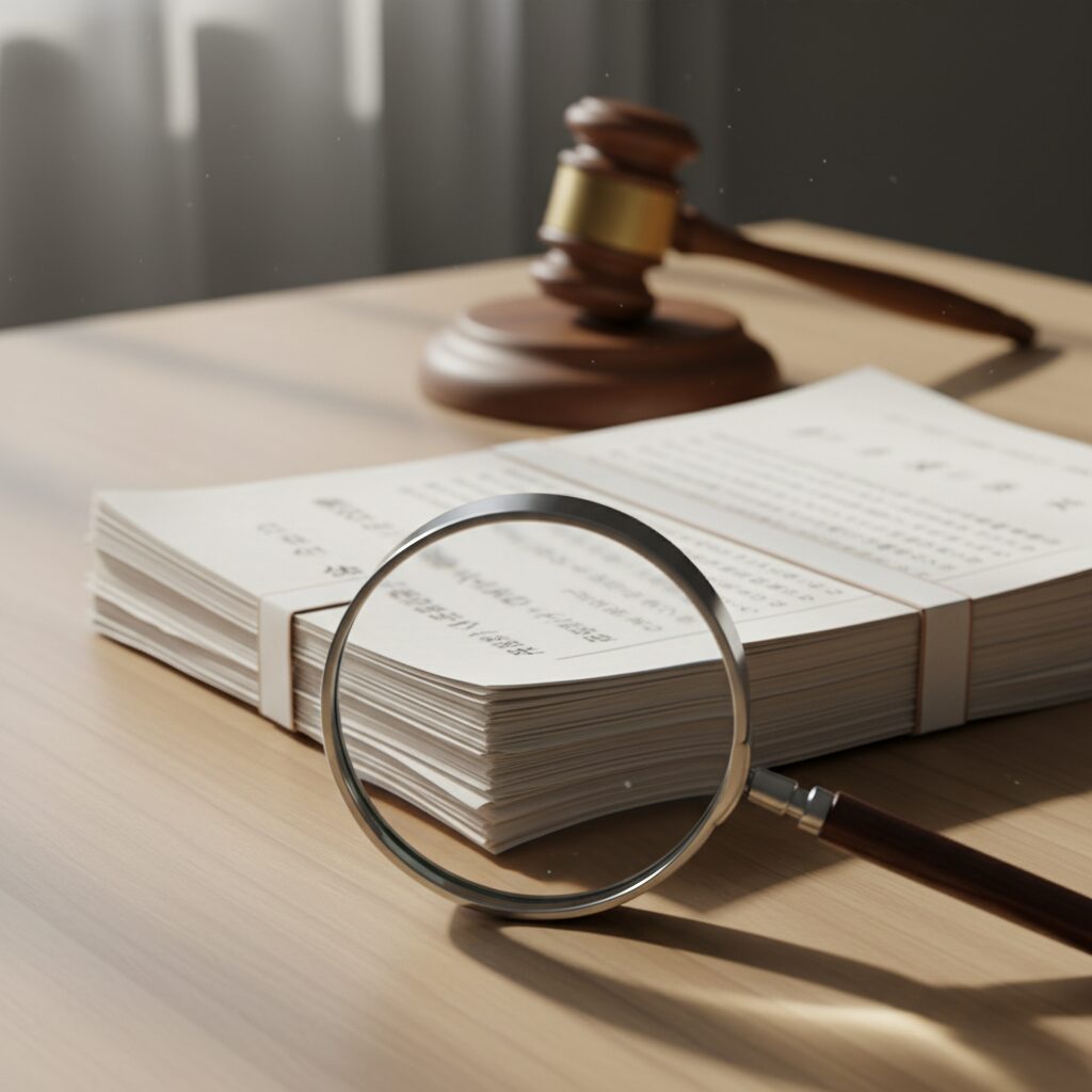 裁判の槌（ガベル）と書類が置かれたデスクのイメージ画像