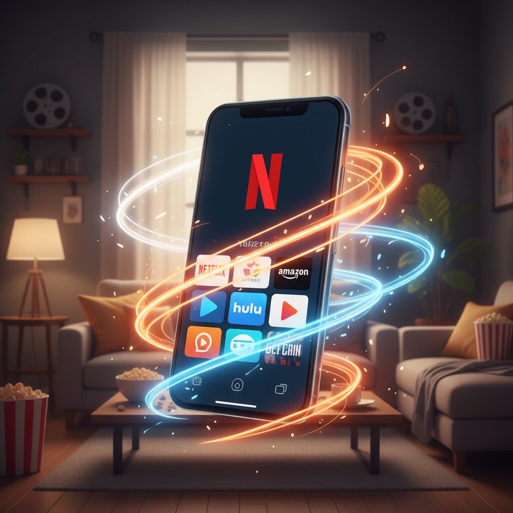 Netflixの3つの料金プランとキャリア決済をイメージしたスマートフォンの画面と映画のアイコン、各キャリアのロゴカラーをイメージしたグラフィックデザイン。