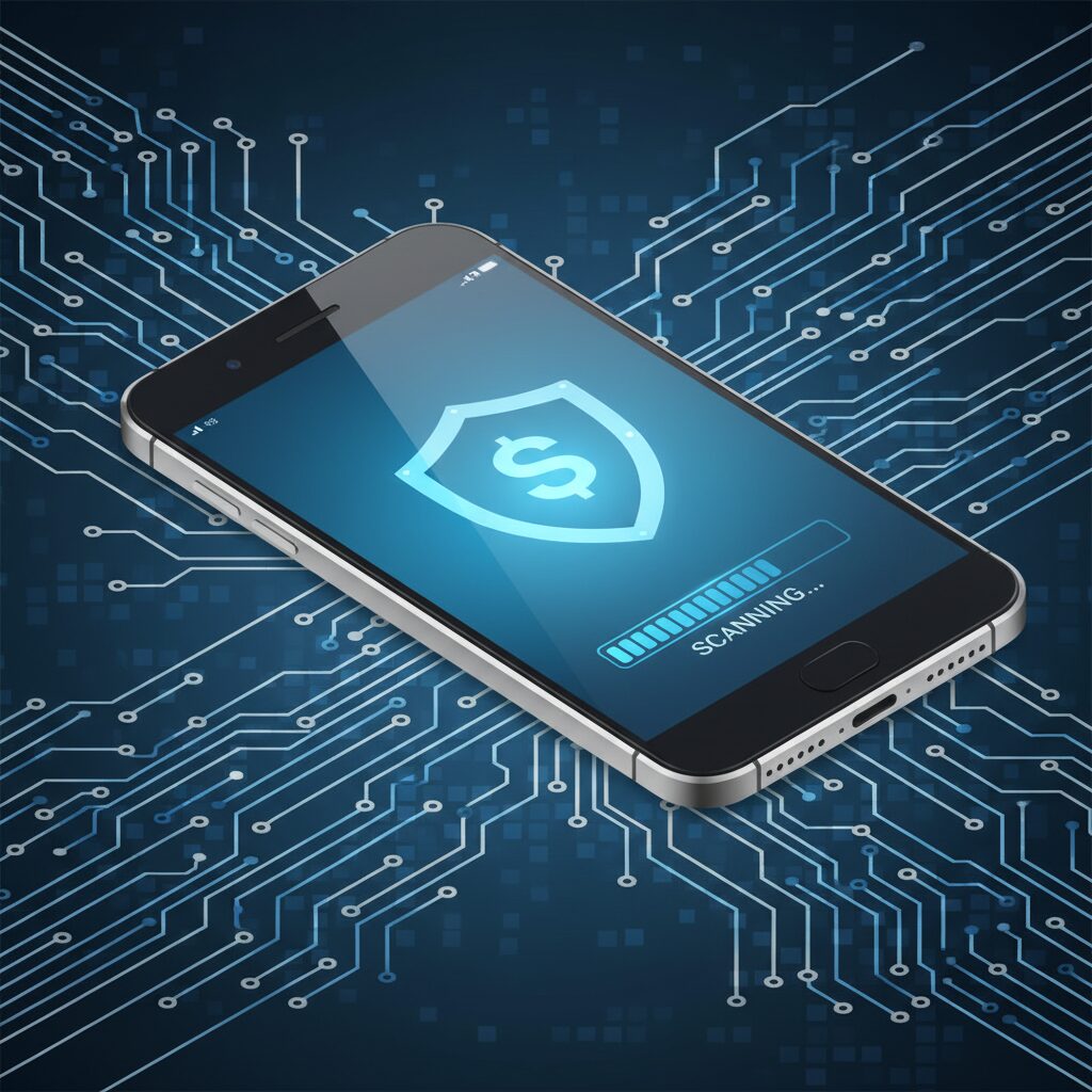 2026年3月のAndroidセキュリティアップデートを象徴する、セキュリティシールドが表示されたスマートフォンのイメージ。