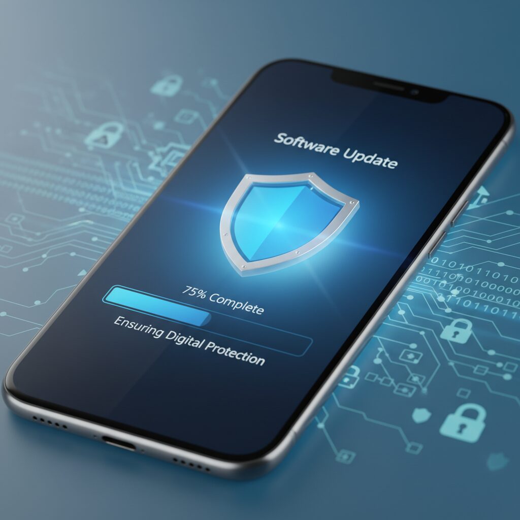 スマートフォンがセキュリティ更新を完了し、盾のアイコンが表示されている様子