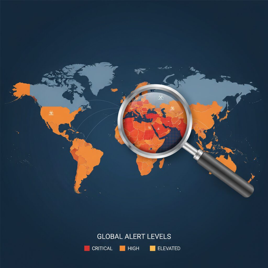 外務省の渡航情報レベルを示す世界地図と警告アイコンのイラスト