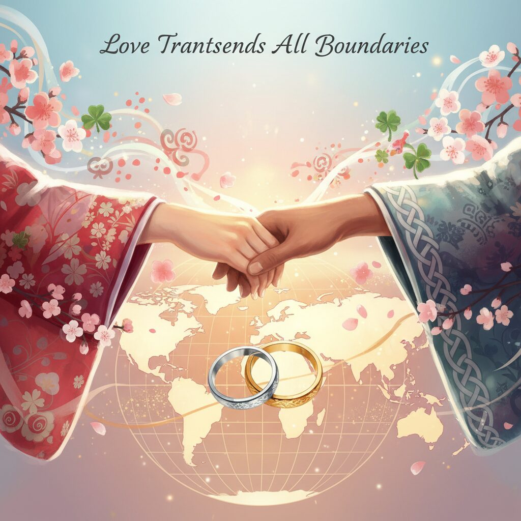 世界地図を背景に、異なる文化を持つ二人の手が重なり、結婚指輪が輝くロマンティックなイメージイラスト