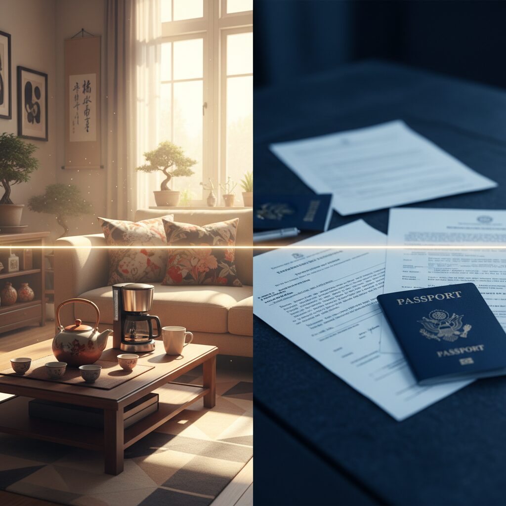 国際的な調和と法律的な手続きを象徴するパスポートと、文化の混ざり合った部屋のイメージ