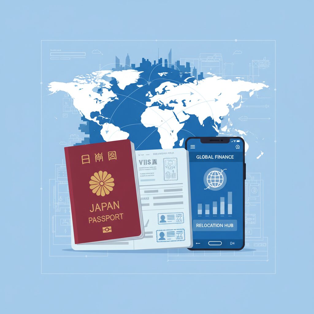 海外移住と日本の銀行口座管理をイメージした、パスポート、スマートフォン、そして地球儀のクリーンなイラスト