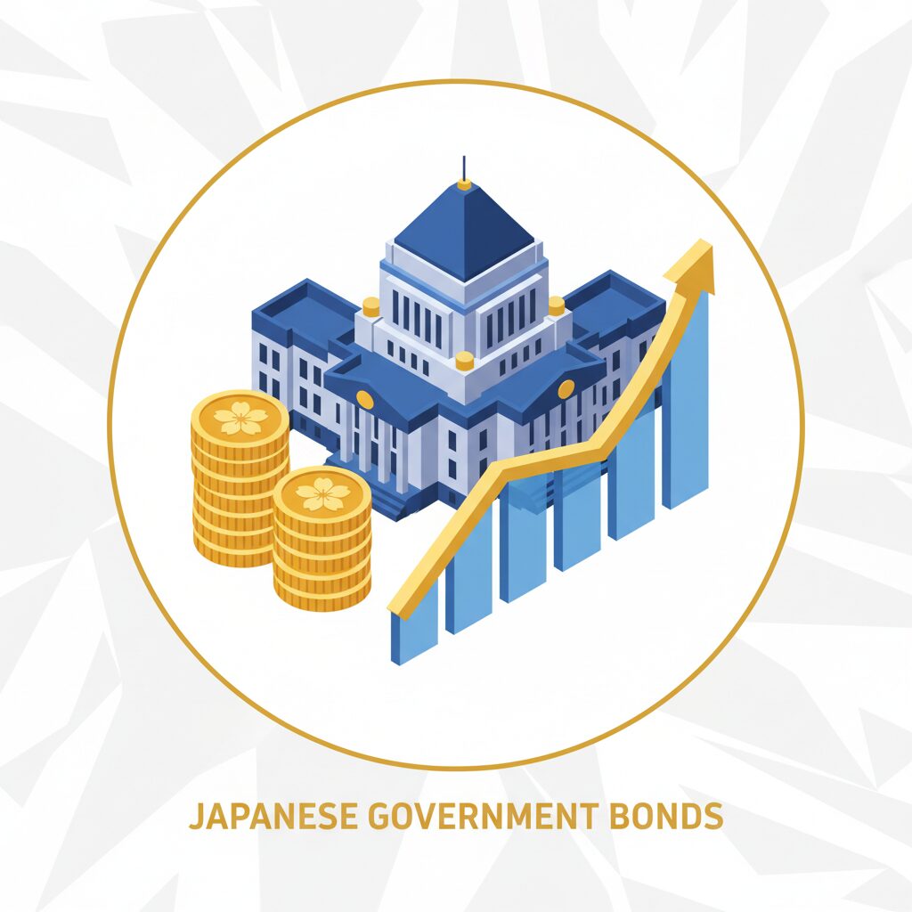 Japanese Government Bonds illustration with gold coins and a blue trust-themed background.