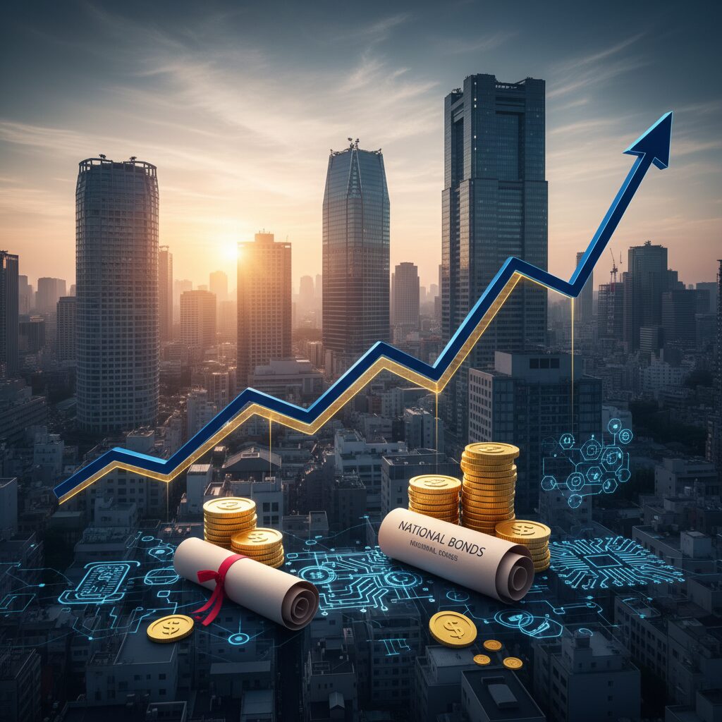 上昇する日本国債利回りのグラフと東京の街並みを背景にしたイメージ図