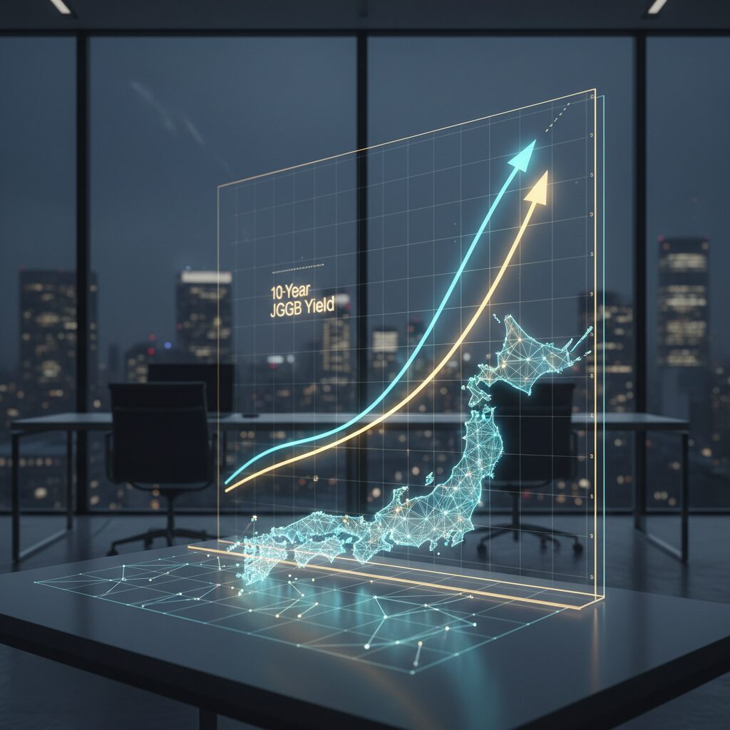 上昇する日本国債の利回りグラフと日本の地図をイメージした現代的な金融のイラスト