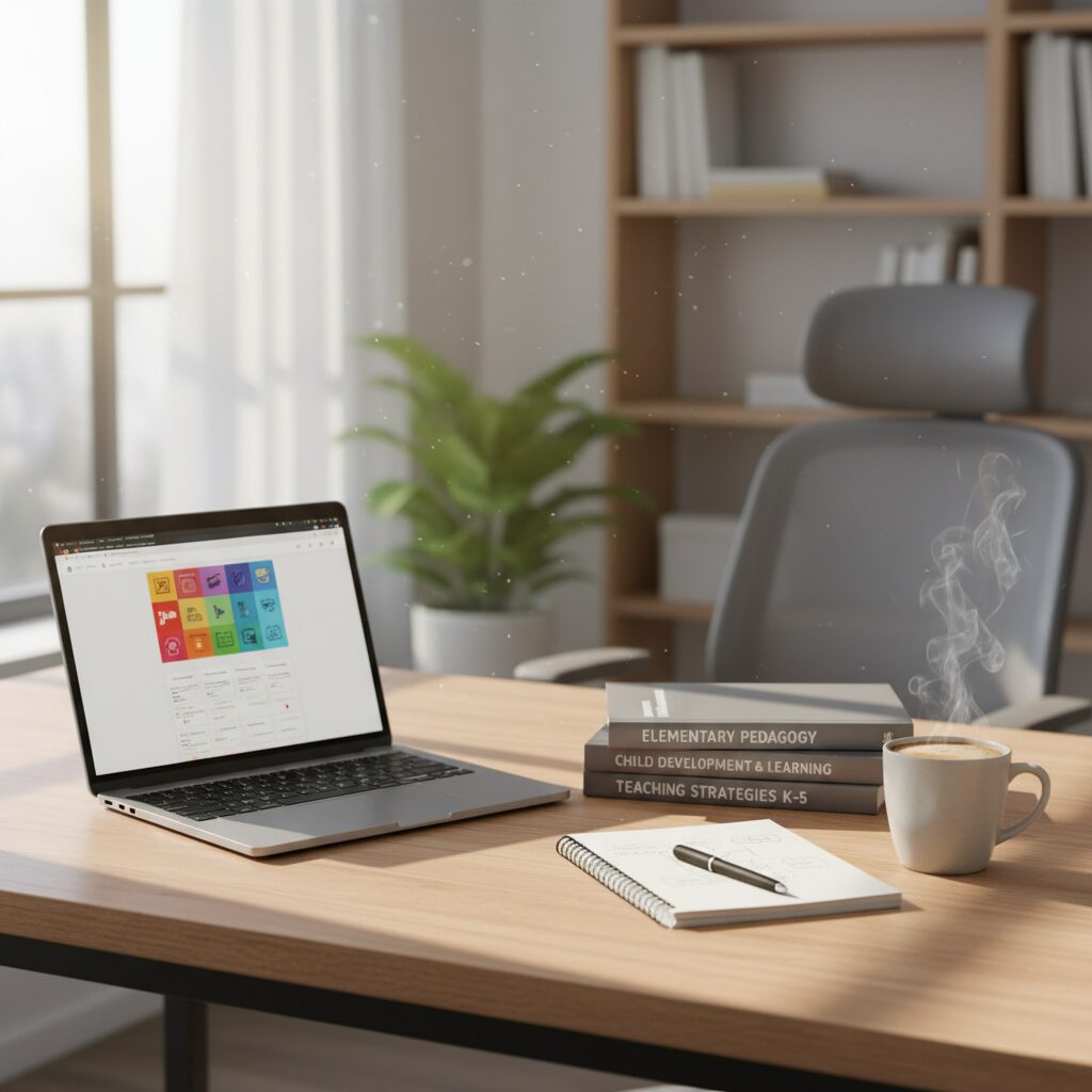 通信制大学のテキスト、ノートパソコン、文房具が置かれた明るいデスクの風景。小学校教員を目指す社会人の学びをイメージ。