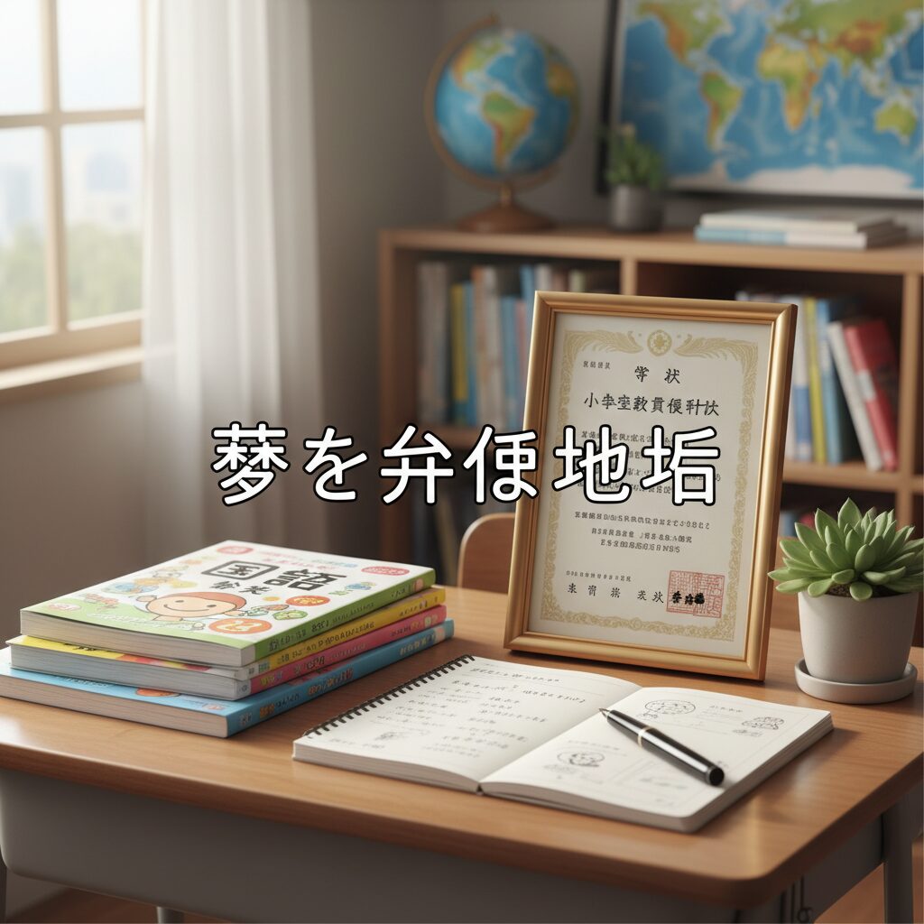 小学校教員資格認定試験の勉強セットと教員免許状のイメージ