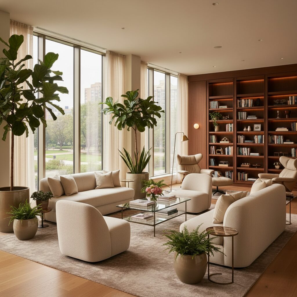 日差しが差し込む明るく豪華なシニア向け分譲マンションの共用ラウンジ、モダンなインテリアと緑豊かな観葉植物、落ち着いた雰囲気のライブラリーコーナー