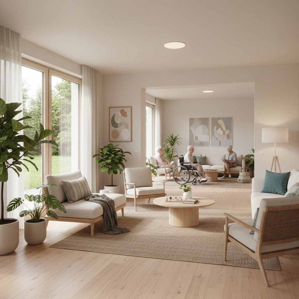 明るい日差しが差し込むバリアフリー設計のシニア向け賃貸マンションのリビングルームと、入居者同士が交流するラウンジの様子。