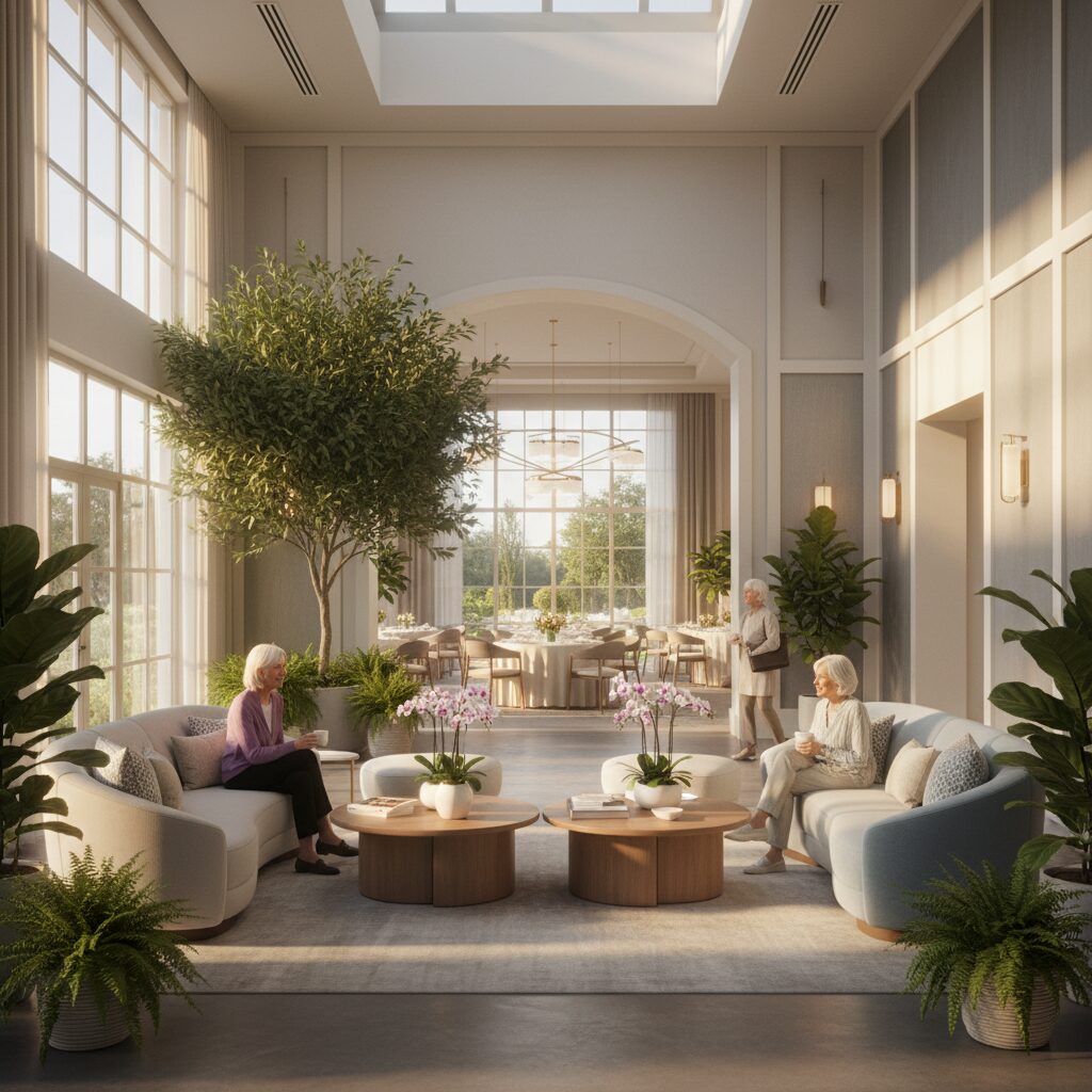 明るくモダンなシニア向け分譲マンションのロビーとラウンジの風景