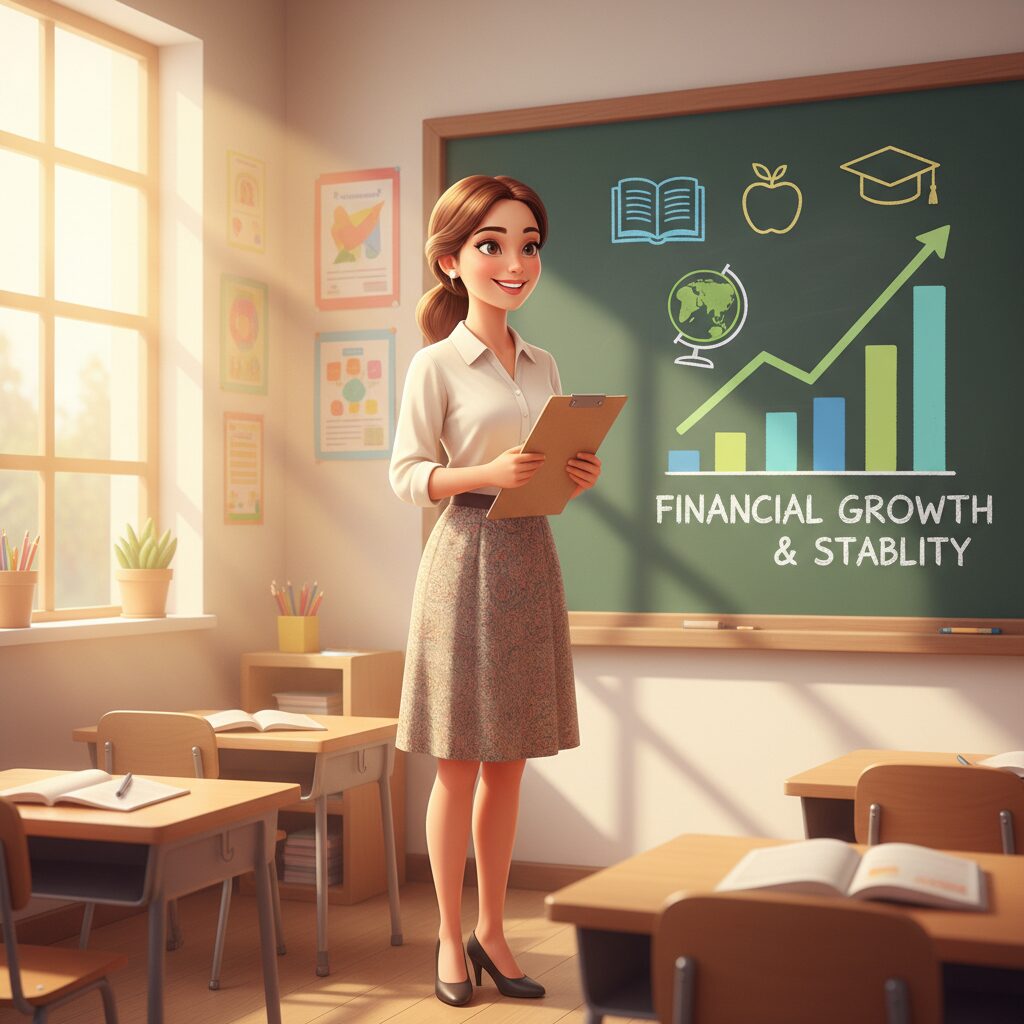 明るい教室で微笑む小学校教師と、給与の伸びを示すグラフのイラスト