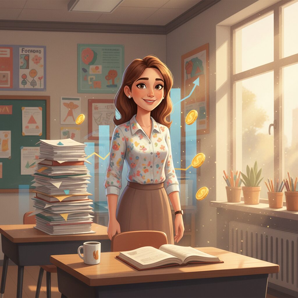 明るい教室で授業の準備をする小学校教員と、背景に積み上げられた書類や年収データのグラフが重なるイメージ図。