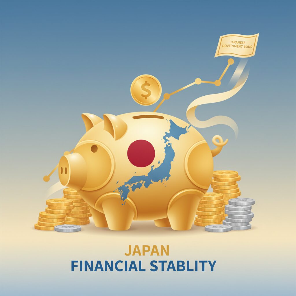 日本の国債と資産運用をイメージした、安心感のある青と金のイラスト