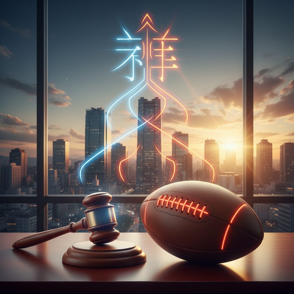 吉村洋文大阪府知事のキャリアを象徴する、ラグビーボールと裁判官の槌、そして大阪の街並みをイメージしたプロフェッショナルなビジュアル。