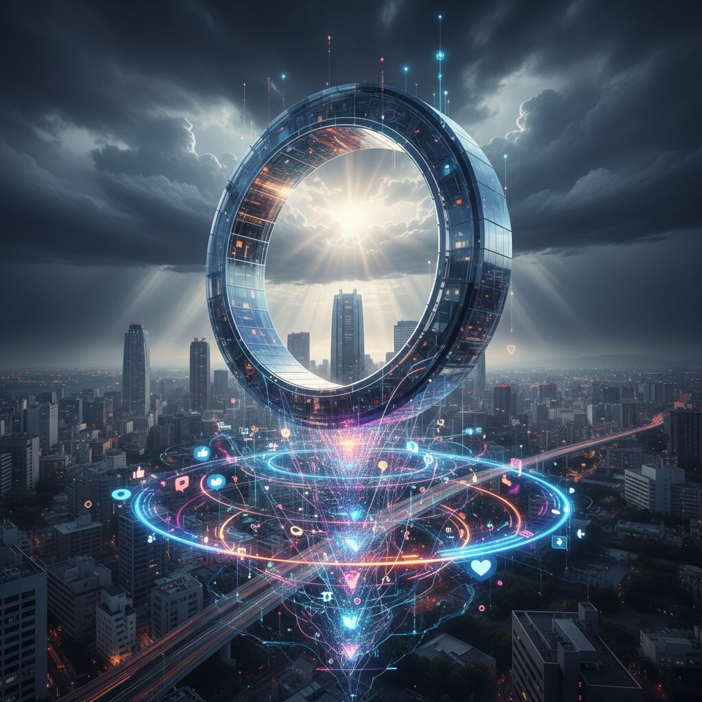 吉村知事の炎上理由に関するイメージ画像：近代的な建築物と荒天の空、デジタルな情報の波を表現したイラスト