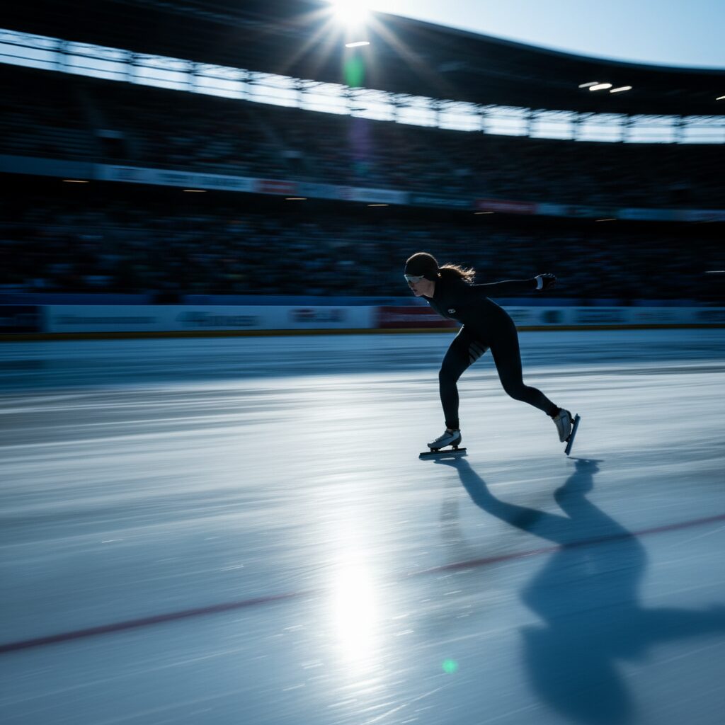 氷上のスピードスケートリンクで滑走する選手のシルエットと光の軌跡