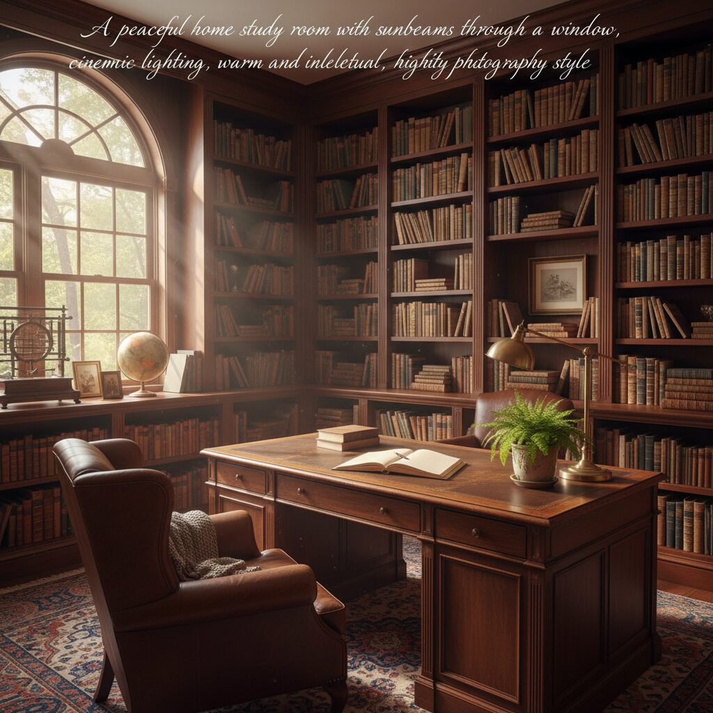 暖かい日差しが差し込む書斎と積み上げられた本、知的な教育環境をイメージした画像