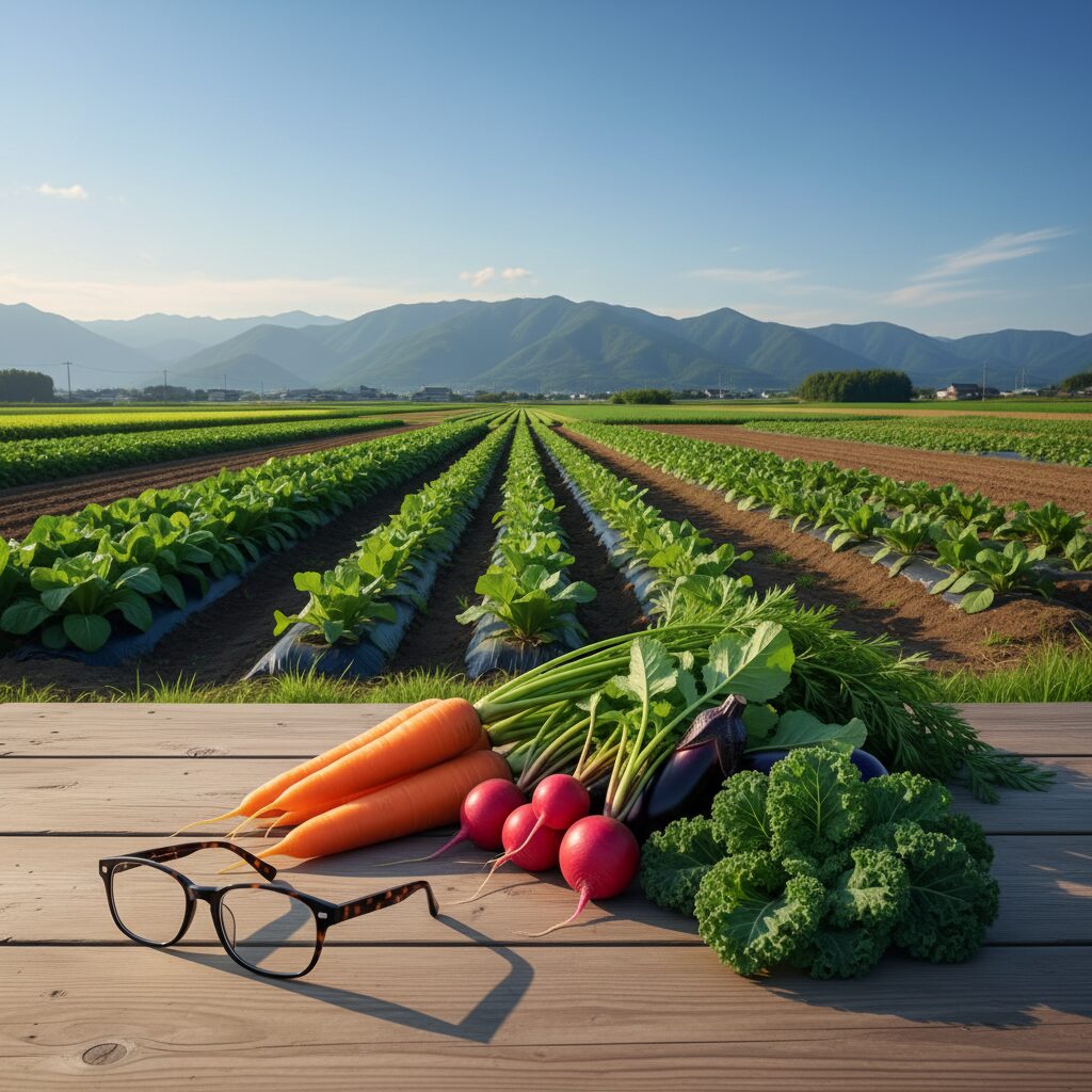 栃木県那須塩原市の農園と、テーブルに置かれた知的なメガネの風景